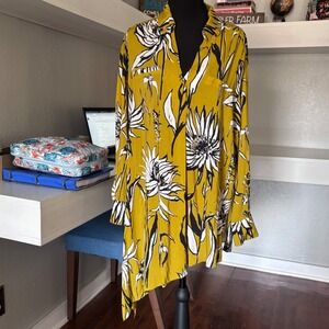 B New York Yellow Floral Button Down blouse womens L Asymmetrical boho oversized